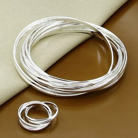 Sterling Silver Bangle Bracelet Matching Ring Set - Picture 2 of 4